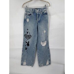 Pacsun X Playboy Eco Super Distressed High Waisted Baggy Jean Women 24 Blue